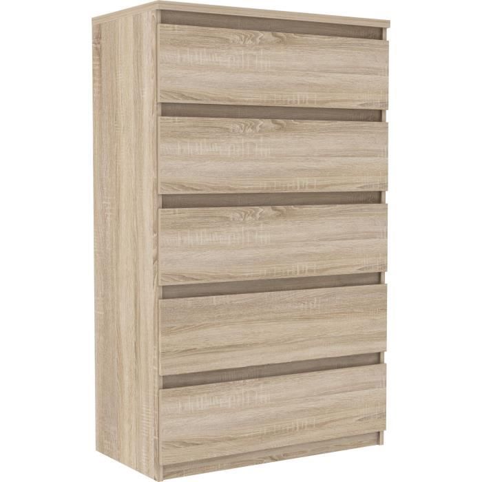 Commode CHELSEA 5 tiroirs - Décor chêne - L 772 x P 422 x H 1281cm