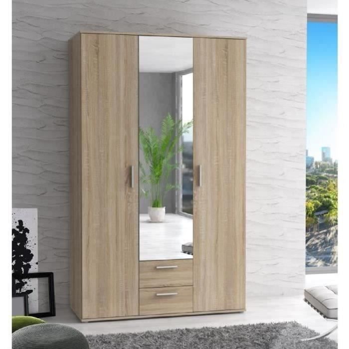 Armoire 3 portes battantes avec 1 miroir + 2 tiroirs - Décor chêne Sonoma - L 121 x P 54 x H 200,1 c