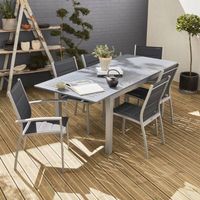 Salon de jardin table extensible - Chicago 210 Gris - Table en aluminium 150/210cm avec rallonge et 6 assises en textilène