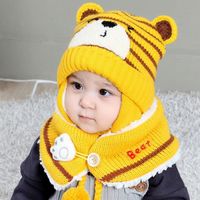 Bonnets et écharpes pour bébés et tout-petits de 6 à 24 mois, joli motif d'ours, ensemble en tissu de laine. jaune (46-50cm)