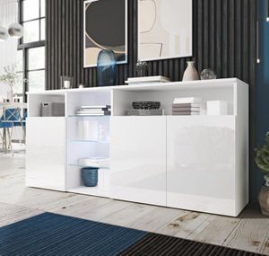 Buffet Bahut 3 portes | 3 étagères en verre | LED | 150 x 72 x 35 cm | Couleur Blanc avec Finition Brillante | Clark