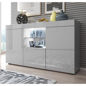 Buffet Bahut 2 portes tiroir LED | 135 x 72 x 34 cm | Couleur Gris Finition Brillante | Rangement | SEFORA
