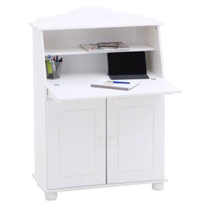 BUREAU  Bureau secrétaire DAVID avec abattant rangement plusieurs étagères 2 portes et plan de travail rabattable en pin massif lasuré blanc