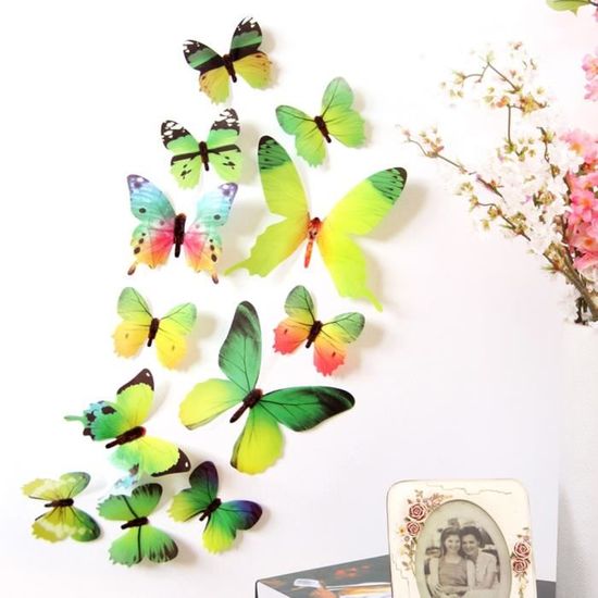 12 pcs 3D papillon Stickers muraux papillons décoration maison, chambre  enfant # Couleur: Vert et jaune - Cdiscount Maison