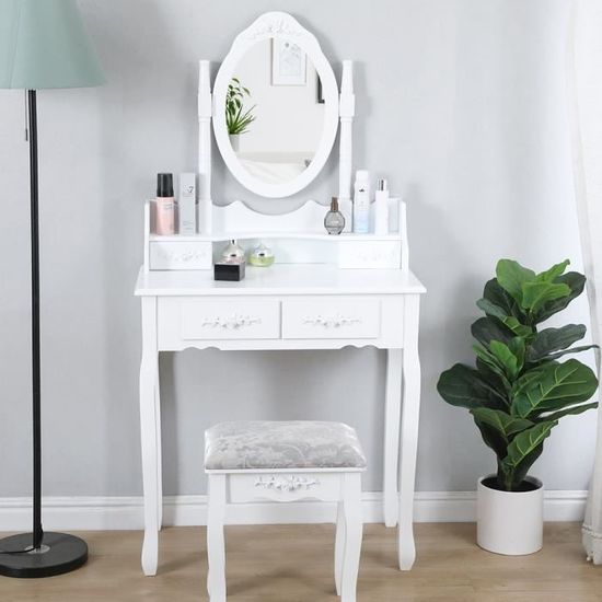 AKALNNY Coiffeuse avec miroir, tabouret et 4 tiroirs L75 x P40 x H145 cm-pieds en bois massif, blanc
