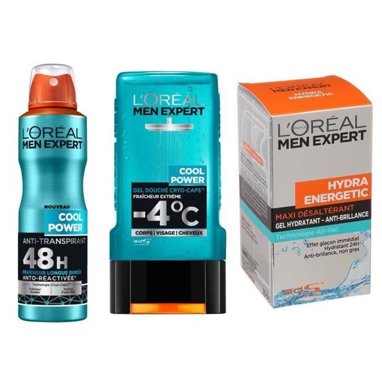 L’ORÉAL PARIS Men Expert - Lot Gel douche 300 ml + Déodorant spray Cool Power 50 ml + Soin hydratant Hydra Energetic 50 ml