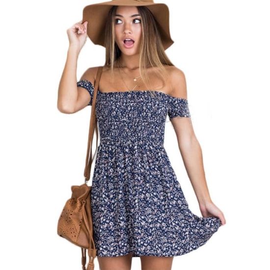 Robe D’été Femme – Coupe Ample, épaules Dénudées | Tissu Polyester Léger | Motif Floral | Style Décontracté Plage Ou Ville | Longueur Mini