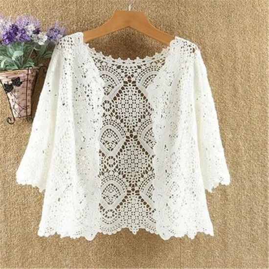 Cardigan Femme Manches 3/4 En Dentelle Ajourée - Style Romantique Et Transparent - Pure Couleur