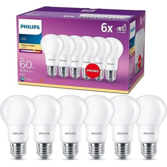 Philips, pack de 6 ampoules E27 LED 60W, blanc chaud Cdiscount Bricolage
