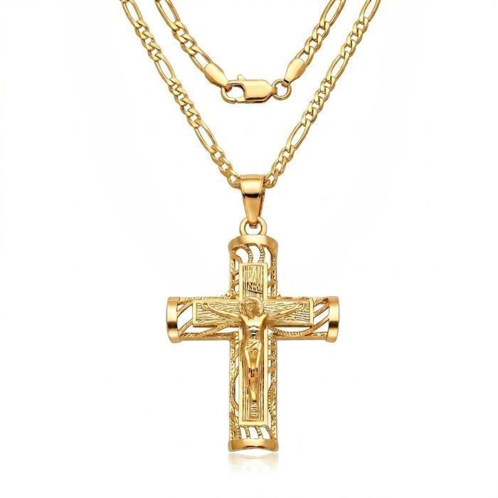 Collier Femme Avec Pendentif Croix Lisse Plaqué Or 750/1000 - Longueur 45 Cm, Neuf Avec étiquettes