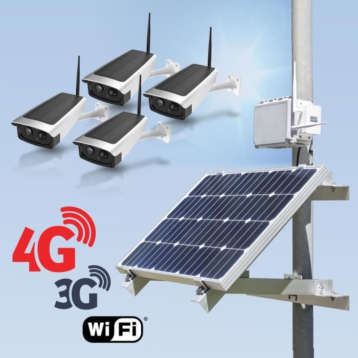 Kit vidéosurveillance 3G 4G autonome solaire avec 4 caméras solaires Wi-Fi HD 1080P 32 Go