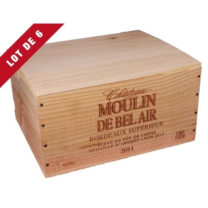 6X La Caisse Bois 6x75cl estampillé Château Moulin de Bel Air - coffret