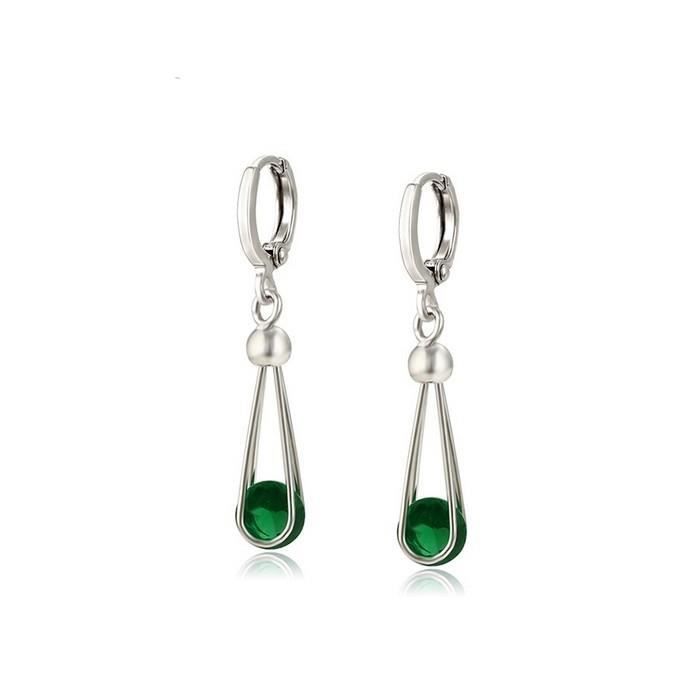 Boucles d'Oreille Pendantes Cristal émeraude Femme Argent Fin 925 Rhodié