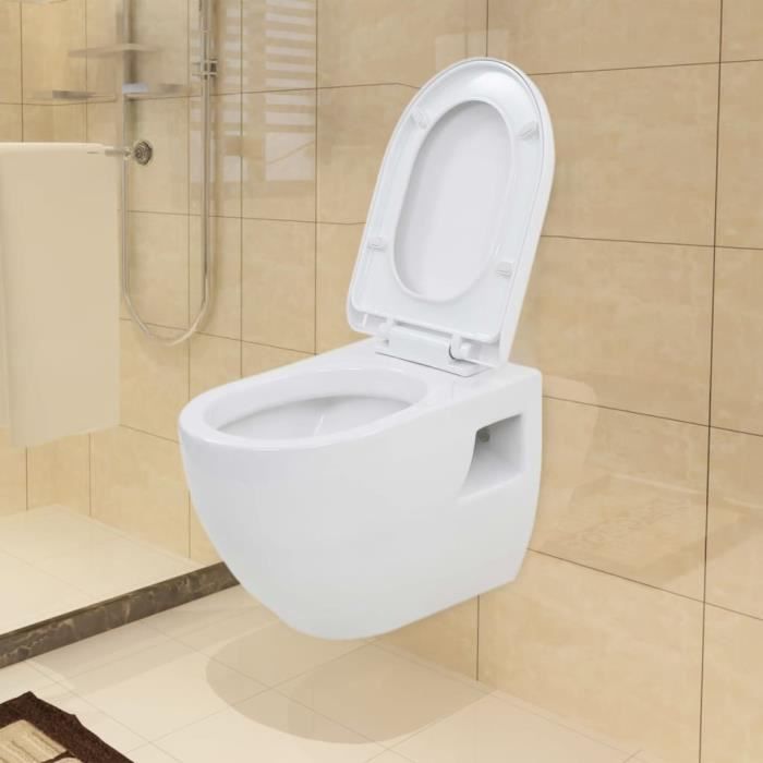 FURNI Super qualité WC suspendu en céramique Moderne Décor- Toilette Suspendue WC Suspendu Pack WC Cuvette Blanc 6626