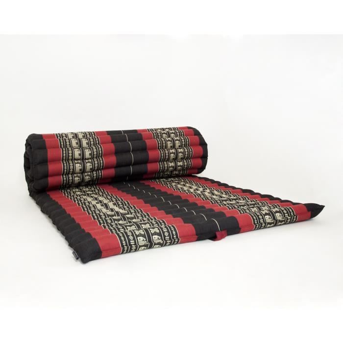 Tapis thaï enroulable, 200x76x5 cm, Kapok, Noir Rouge