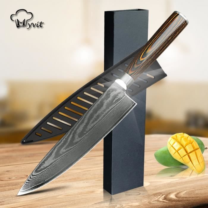 Couteau de Cuisines, Couteau Damas Ultra-Tranchant,Professionnelle Couteau de Chef Haute Teneur Acier Carbone Inoxydable avec Poigné