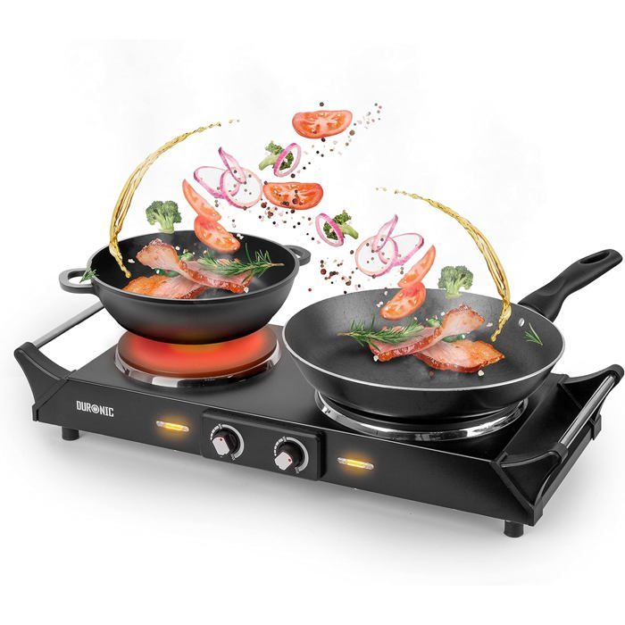 Duronic HP2BK Table de cuisson avec plaques en fonte d'acier en inox et poignées intégrées (1500W et 1000W)