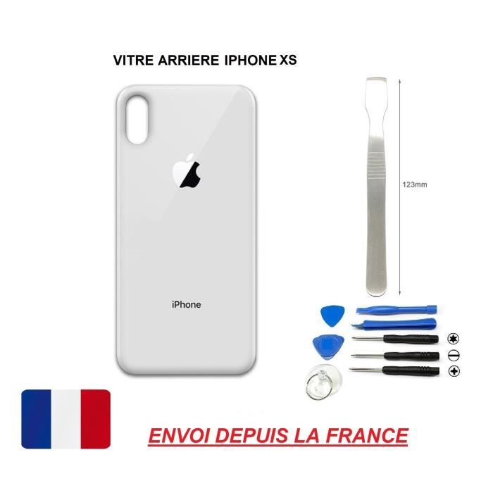 vitre arrière IPHONE XS 5.8 ARGENT/BLANC qualité origine en verre, coque cache batterie double face Adhésifs et kit outils spatule