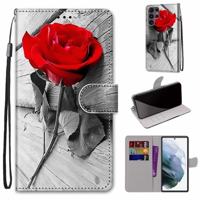 élégant Housse Étui pour Samsung Galaxy S22 Ultra 5G avec Support PU Cuir - Rose rouge CZB