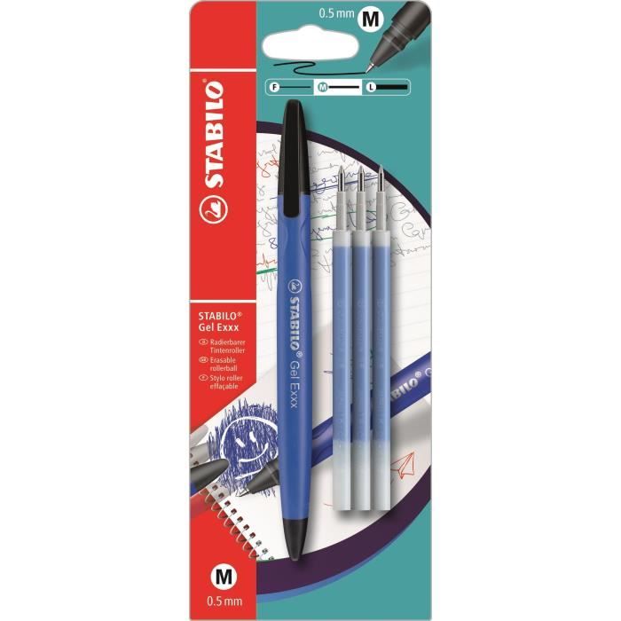 STABILO Stylo roller effaçable Gel EXXX et 3 recharges - Bleu