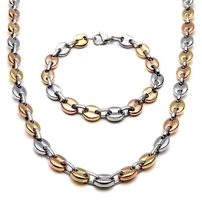 CW12338-Collier + bracelet grains de café Or acier