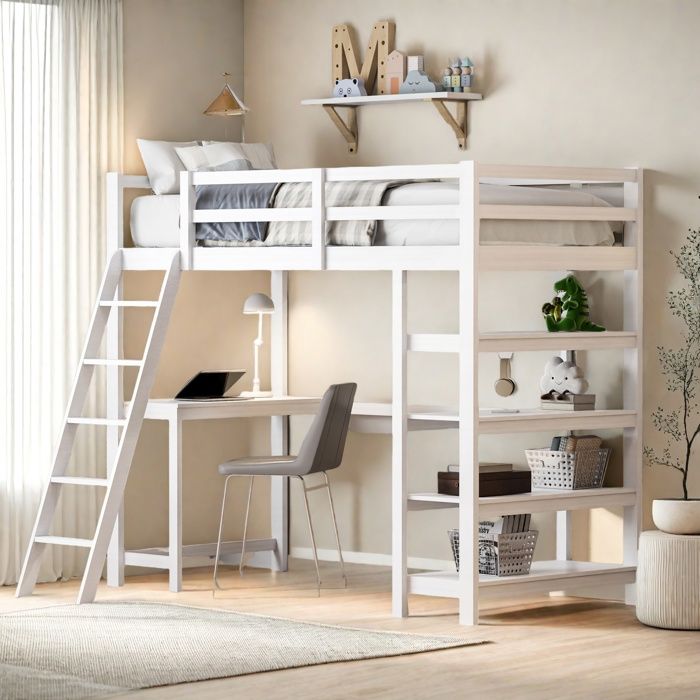 Lit Mezzanine Enfant 90x200 Cm En Bois Massif Blanc - Avec échelle Et Barrière De Sécurité, Marque Homestyle4u