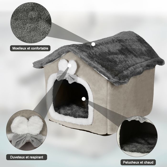 SUPFINE Niche pour Chat, 46*36*40 Litière pour Chat d'intérieur en peluche, Lit pour Chat Chien, Maison pour Chat