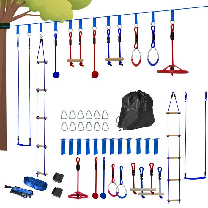 Parcours dobstacles ninja pour enfants - AIYAPLAY - 10 accessoires - 10 m slackline et sac de transport - bleu