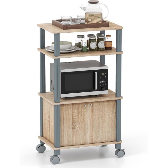 Desserte de Cuisine à Roulettes COSTWAY Portes Meuble pour Four sur Roues en Bois avec 3 Étagères 60 x 40 x 98 CM