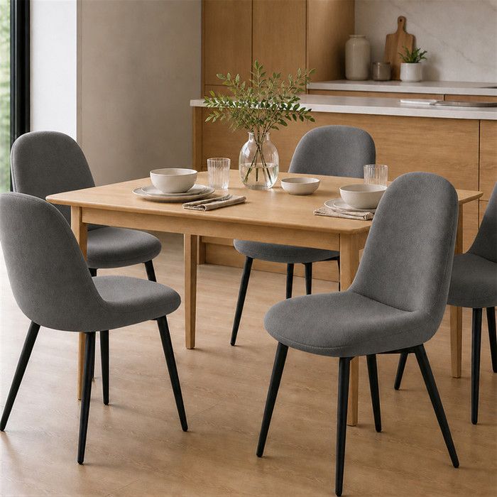 HavenlyHome Lot de 4 Chaises Salle à Manger en Tissu Lin Gris Design Moderne Dossier Ergonomique Pieds Métal Noir