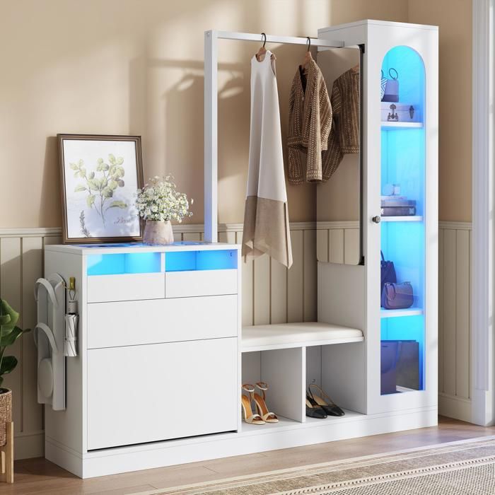 Armoire de rangement dentrée 6 en 1 avec vitrine porte-manteau banc à chaussures armoire à chaussures miroir pleine longueur
