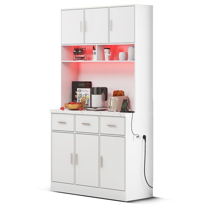 Armoire Buffet de Cuisine Haut Meuble de Rangement Vaisselier avec Éclairage LED et Prises Étagères Ajustables Bar à Café Blanc