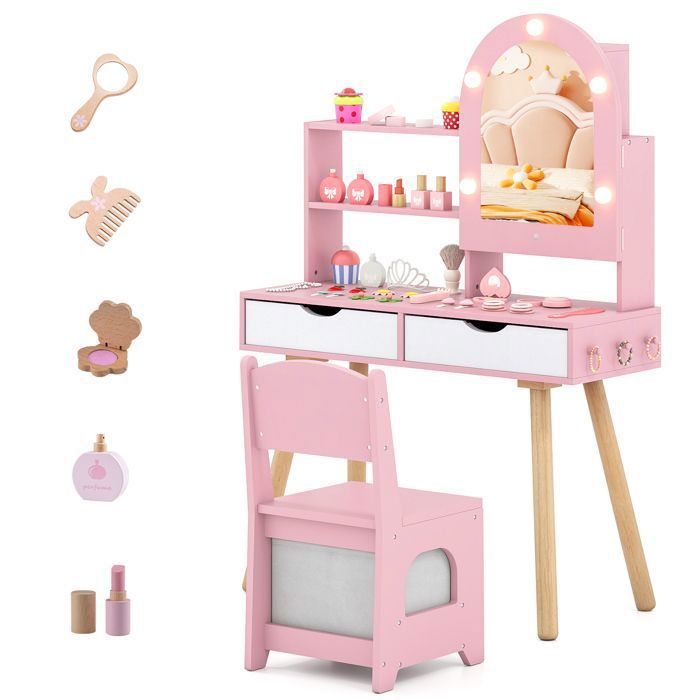 Costway Coiffeuse Enfant Fille Avec Miroir & Lumière Led à 3 Couleurs Table De Maquillage Et Chaise Avec Tiroir Et Forme De Couronne Dispositif Anti Basculement Charge 5050kg Pour 3 7 Ans