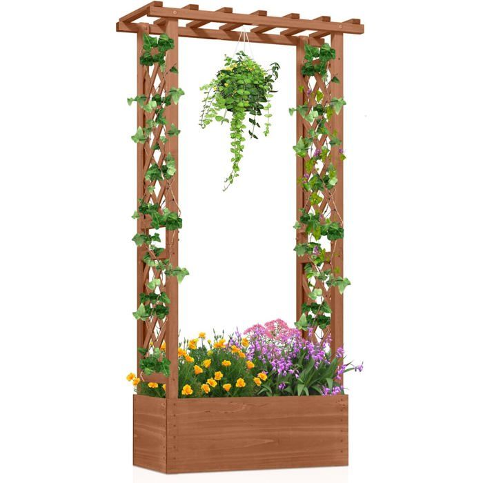 Jardinière Surélevée avec Treillis COSTWAY Toit Suspendu Trous de Drainage Panneaux Amovibles Lit de Plantation en Bois Marron