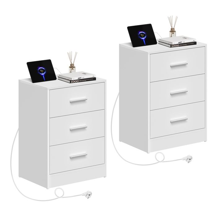 Table de chevet avec prise intégrée - WOLTU - Lot de 2 - 3 tiroirs - 2 prises AC - 1 port USB - 1 port Type-C - Blanc Table de chevet avec prise intégrée - WOLTU - Lot de 2 - 3 tiroirs - 2 prises AC - 1 port USB - 1 port Type-C - Blanc