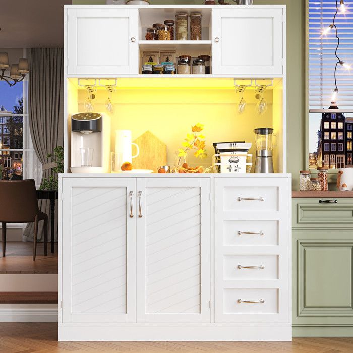 Buffet Armoire de Rangement 120×40×188cm éclairage LED étagère à collations et porte-gobelets 4 portes et 2 grands tiroirsblanc