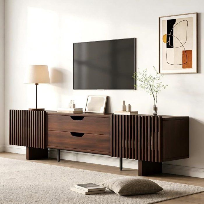 Meuble TV - 180 cm - lowboards en noyer foncé - Moderne - deux tiroirs et portes darmoire uniques