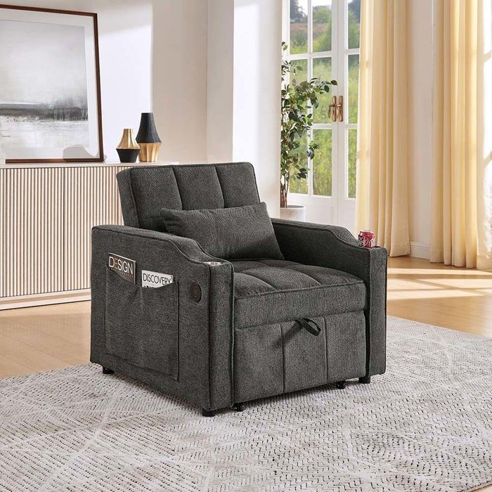 Canapé-lit 3-en-1 - 1 place - Convertible coulissant - Port USB intégré - Tissu gris