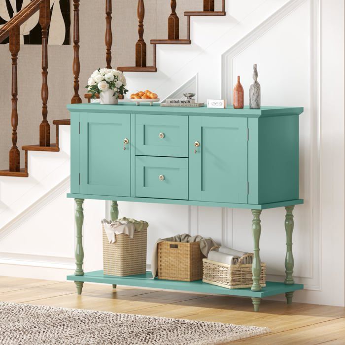 Console en bois vieilli - LUNSY - 106 5x35 5x86 5 cm - Vert - Pieds en colonnes romaines - Deux tiroirs - Deux portes