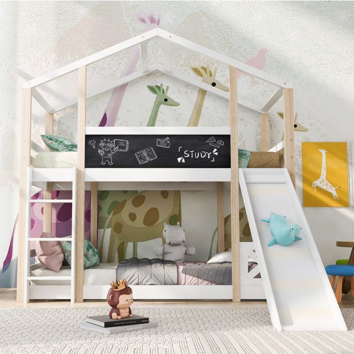 Lit mezzanine enfant cabane en bois massif avec toboggan échelle et tableau