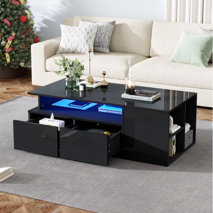 Table basse noire brillante avec LED 2 tiroirs et rangements latéraux