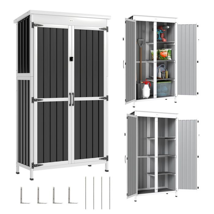 Armoire de jardin - Outsunny - 3 étagères amovibles portes doubles avec fermeture métallique - bois acier - 94x43x166cm - noir