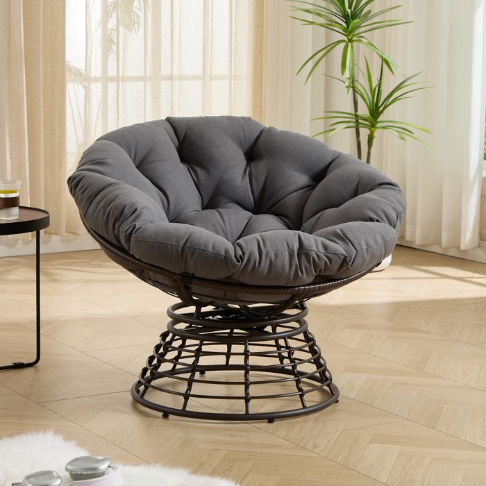 Fauteuil Papasan Pivotant 360° avec Coussin Chaise de Jardin pour Salon Balcon Chambre 92x92x67cm Gris