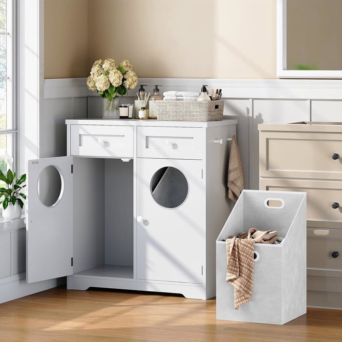 HOOBRO Panier à Linge Double Compartiments inclinés Meuble de Salle de Bain pour Linge Sale Placard de Rangement sur Pieds Blanc