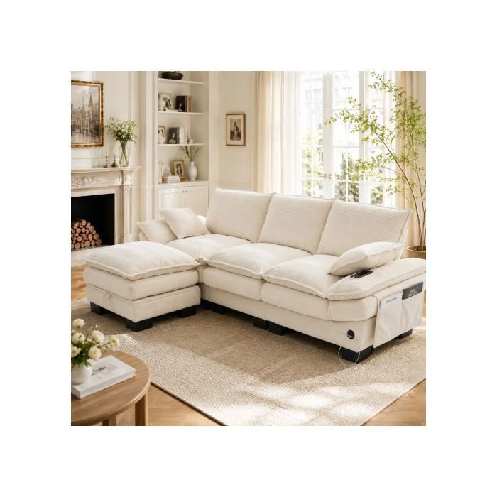 Canapé dAngle Modulable 3 Places en Velours Côtelé Beige avec Pouf Port USB et Poches de Rangement
