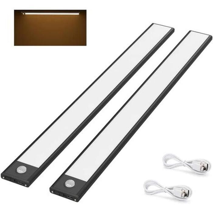 2 Pcs Lampe de Placard LED 40cm Sans Fil Rechargeable par USB Aimanté 3 Modes d’Éclairage Blanc Chaud 3000K Noir