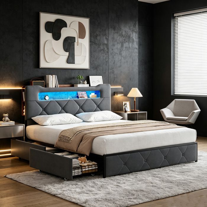 Lit adulte 160x200 cm avec tiroirs et LED cadre de lit 160x200 avec tete de lit et sommier à lattes tissu en velours gris