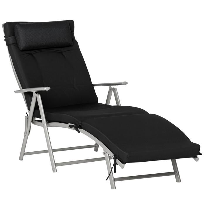 LIA Bain de soleil pliable transat 7 positions matelas accoudoirs métal textilène Noir