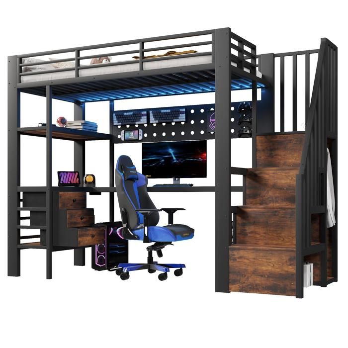 Lit mezzanine enfant - 90x200 cm avec éclairage LED et 3 tiroirs Lit avec Bureau Intégré Escalier de rangement Noir- EN747