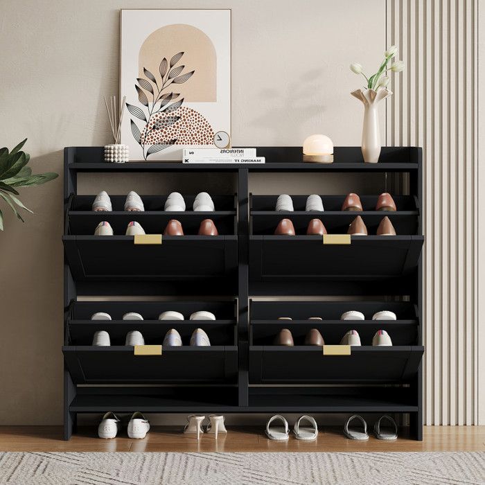 Armoire à chaussures moderne avec 4 compartiments à rabat étagère à chaussures autoportante pour Lentrée couloir noir 110x90x24cm